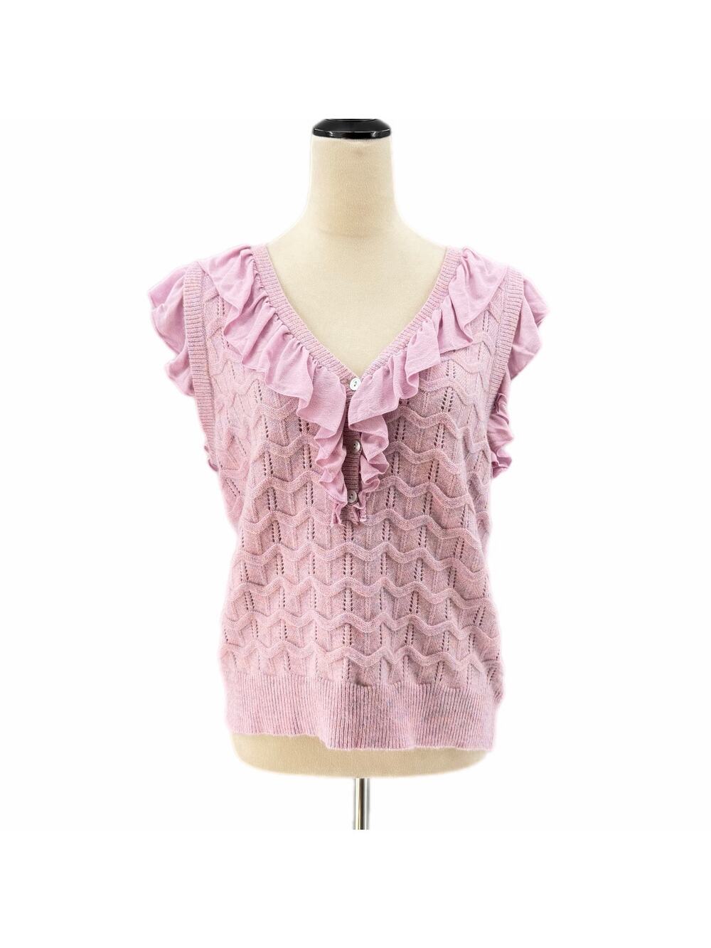 Voy Lavender Purple V-Neck Knit Flutter Sleeveless Ruffle Coquette Sweater Top